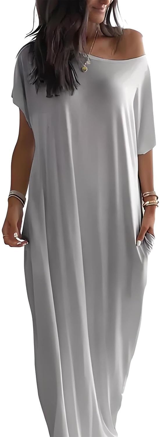 Off-Shoulder Batwing Sleeve Maxi Dress for Women - Relaxed Lounge Nightwear and Comfortable Sleepwear