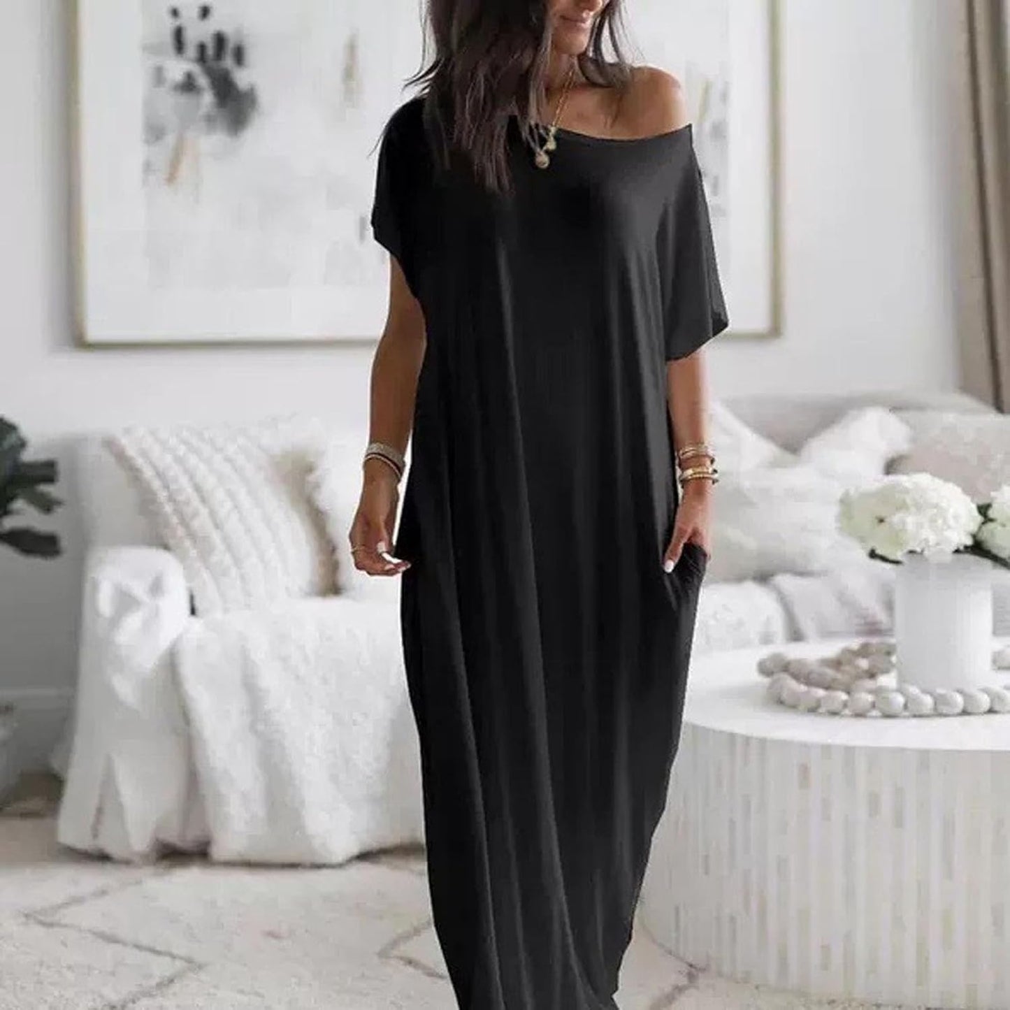 Off-Shoulder Batwing Sleeve Maxi Dress for Women - Relaxed Lounge Nightwear and Comfortable Sleepwear
