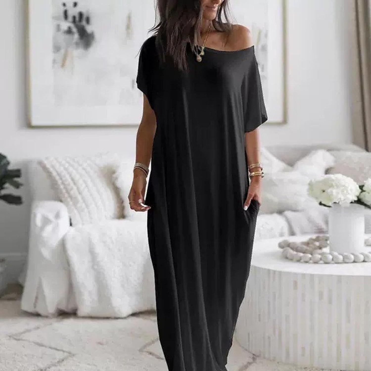 Off-Shoulder Batwing Sleeve Maxi Dress for Women - Relaxed Lounge Nightwear and Comfortable Sleepwear