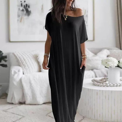 Off-Shoulder Batwing Sleeve Maxi Dress for Women - Relaxed Lounge Nightwear and Comfortable Sleepwear
