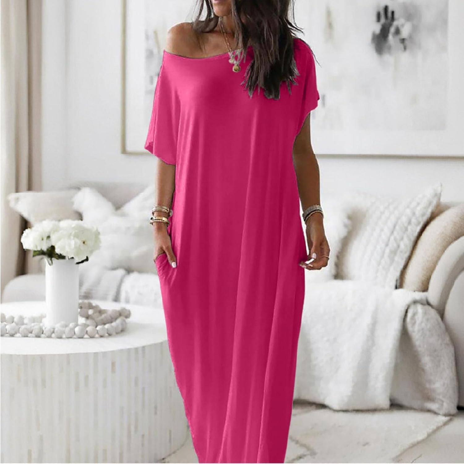 Off-Shoulder Batwing Sleeve Maxi Dress for Women - Relaxed Lounge Nightwear and Comfortable Sleepwear